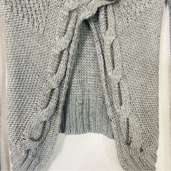 Y2K Cozy BKE Cardigan Sweater Grey Open Knit Wool Cable Knit Chain Detail Boho - Picture 5 of 9